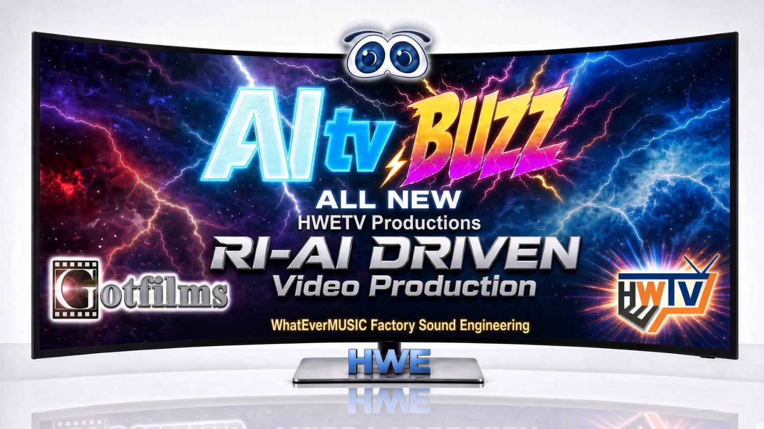 ALL NEW HWETV Productions co-branded with AItv.BUZZ — RI-AI Driven Video Production, Gotfilms, WhatEverMUSIC Factory, and the HWTV mark