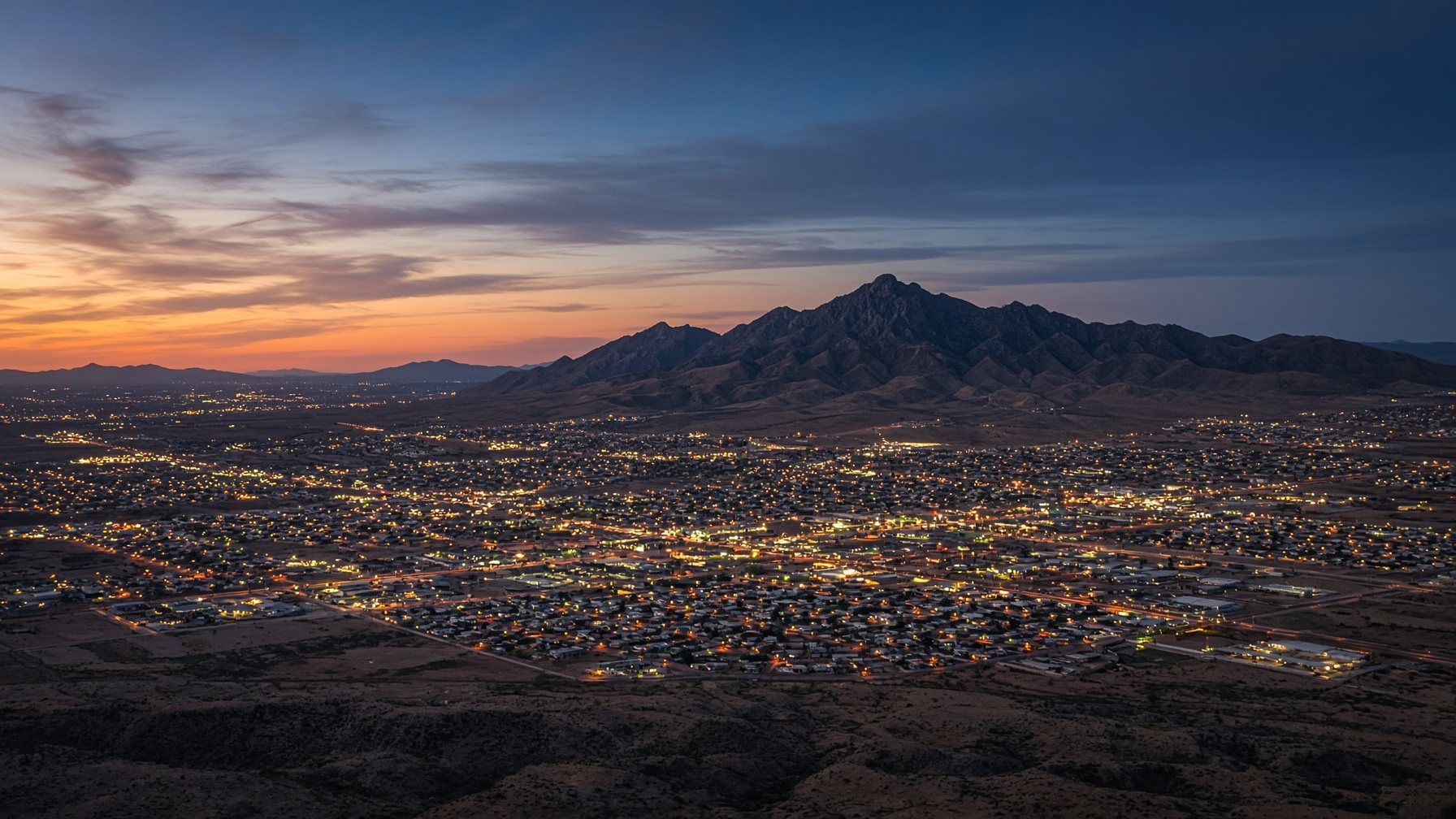 El Paso at dusk with the Franklin Mountains