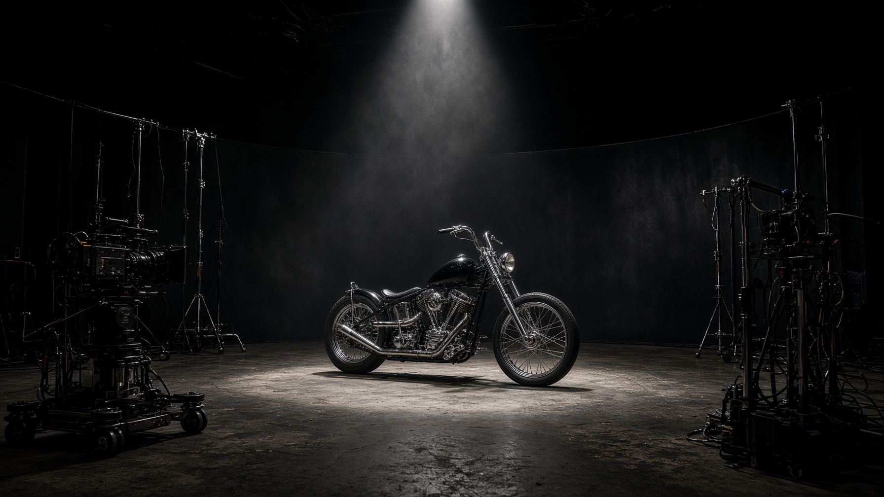Custom chopper on a dark television soundstage under a hard key light