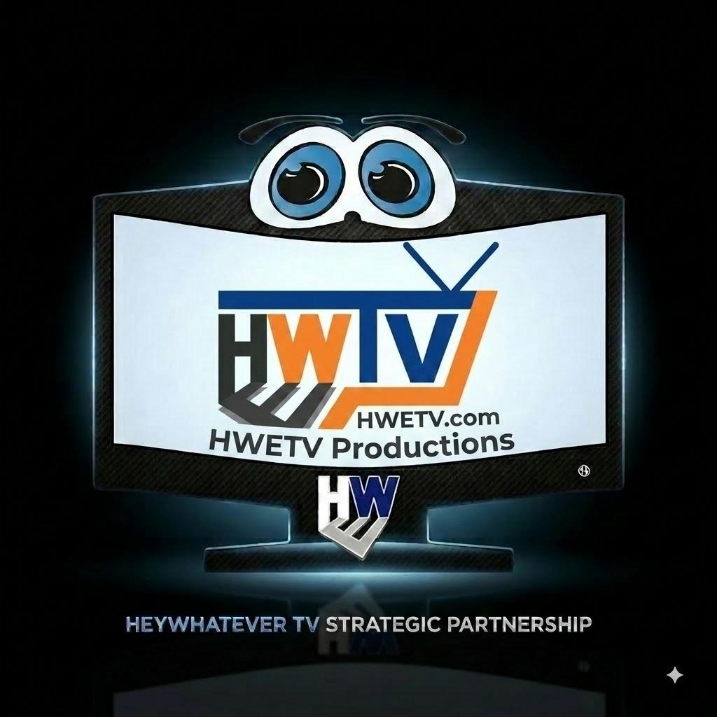 HWETV Productions ident: watching-eyes TV, HWTV mark on screen, HWETV.com, HeyWhatEver TV Strategic Partnership