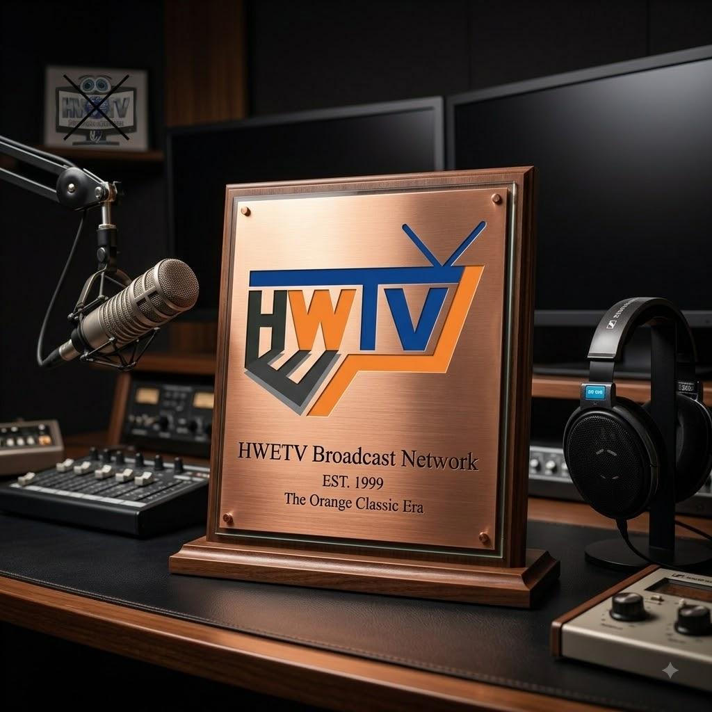 Copper desk plaque: HWTV shield, HWETV Broadcast Network, EST. 1999, The Orange Classic Era — in a radio booth with boom mic and headphones