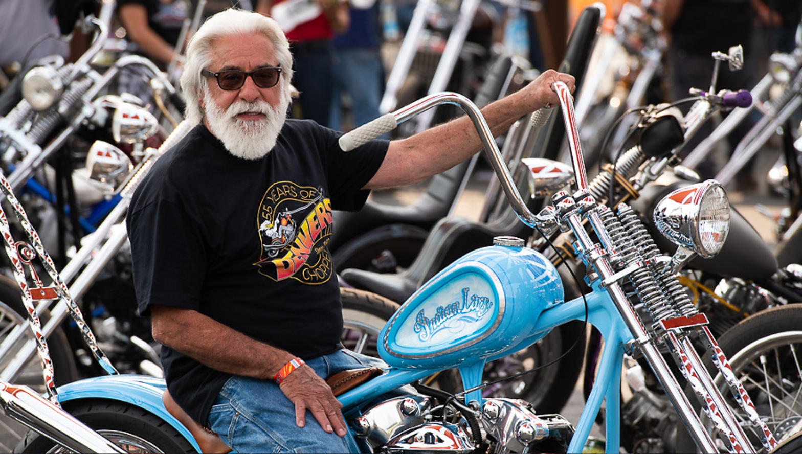 Armondo Mondo Porras seated on a custom chopper