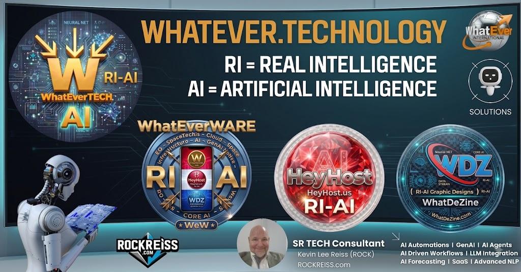 WHATEVER.TECHNOLOGY on the board: WhatEverTECH, WhatEverWARE, HeyHost, WhatDeZine, ROCKREISS.com — RI equals Real Intelligence, AI equals Artificial Intelligence