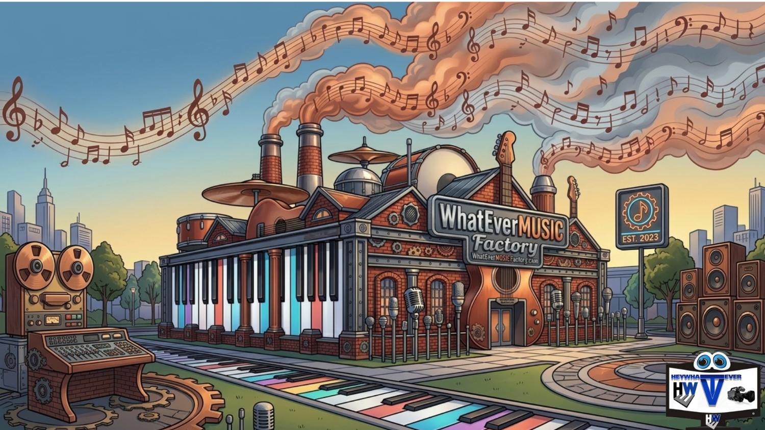 WhatEverMUSIC Factory: brick instrument-building with piano-key walk, guitar doors, EST. 2023 — original music for HWETV